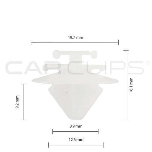 White automotive trim and body fastening clip for selected Peugeot, Citroën, Renault, Fiat and Lancia applications.
