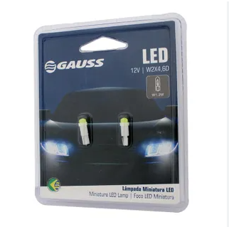 Gauss GL53LED 12V W2x4.6d white LED bulbs, 2-pack in retail blister packaging with car headlight graphic.