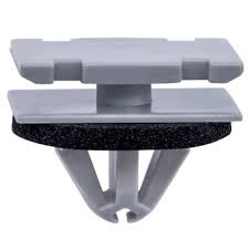 Grey automotive rocker panel moulding clip with foam sealing washer and push-in stem, suitable for GM and Chrysler trim applications