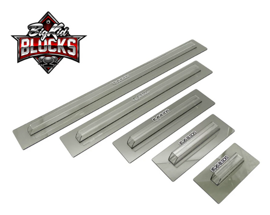 Big Kid Blocks Money Maker sanding block kit with five grey polycarbonate sanding blocks in assorted lengths, shown with the Big Kid Blocks logo on a white background.