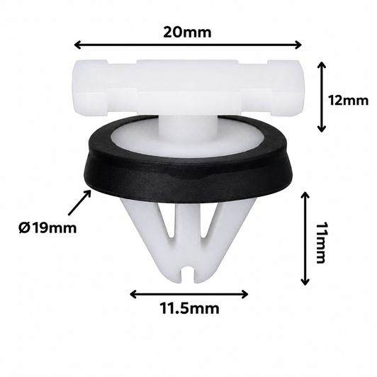 White automotive trim clip with black sealing washer on a white background, showing dimensions: 20mm top width, 12mm upper height, Ø19mm washer diameter, 11mm lower clip length, and 11.5mm lower width.