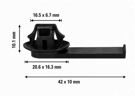 CC40117 black automotive single tie fixing clip with measurement arrows showing 16.5 x 6.7 mm upper section, 10.1 mm height reference, 20.6 x 16.3 mm base section, and 42 x 10 mm long strap section.