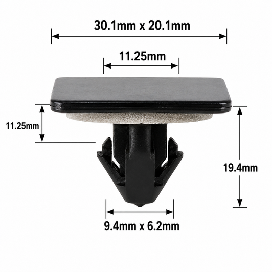 Black rectangular automotive trim retainer clip on a white background with black double-ended measurement arrows showing a 30.1mm × 20.1mm head, 11.25mm overall height, and 9.4mm × 6.2mm insertion stem.