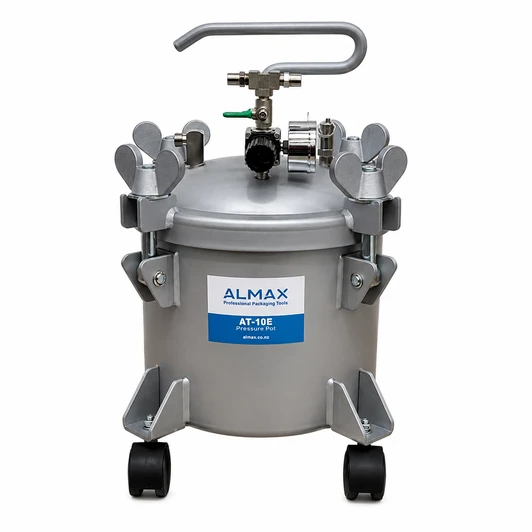 Almax AT-10E 10-litre pressure pot with castors, removable liner, pressure regulator, safety fittings and carry handle, designed for professional spray applications including Gold Seal underbody protection.