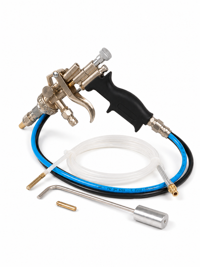 Italian-made Goldseal Cavity Gun with black handle, metal applicator body, blue and black air/material hoses, clear cavity probe hose and interchangeable spray probes, displayed on a clean white background.