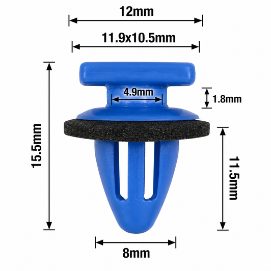 **Alt text:** Blue CC21187 automotive door trim clip with black foam sealing washer on a white background, shown straight-on with black measurement arrows indicating 12mm top width, 11.9x10.5mm top dimensions, 4.9mm centre width, 1.8mm neck height, 15.5mm overall height, 11.5mm lower stem length, and 8mm stem width.