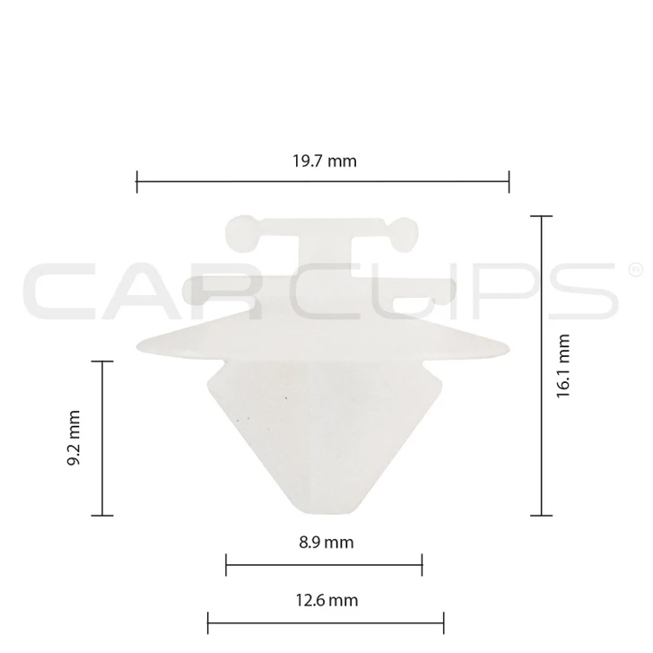 White automotive trim and body fastening clip for selected Peugeot, Citroën, Renault, Fiat and Lancia applications.