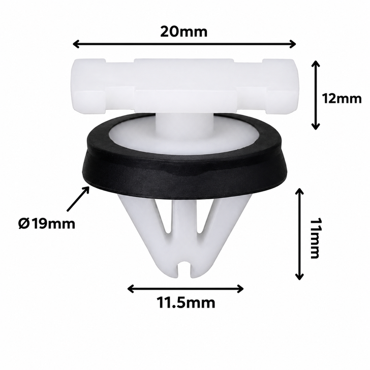 White automotive trim clip with black sealing washer on a white background, showing dimensions: 20mm top width, 12mm upper height, Ø19mm washer diameter, 11mm lower clip length, and 11.5mm lower width.