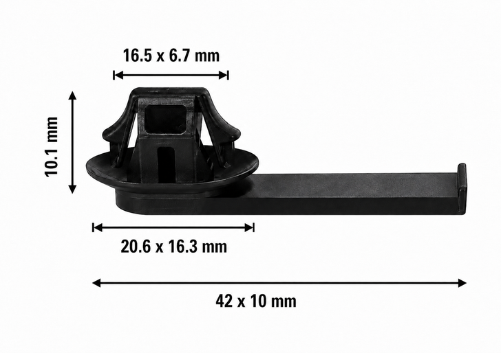 CC40117 black automotive single tie fixing clip with measurement arrows showing 16.5 x 6.7 mm upper section, 10.1 mm height reference, 20.6 x 16.3 mm base section, and 42 x 10 mm long strap section.
