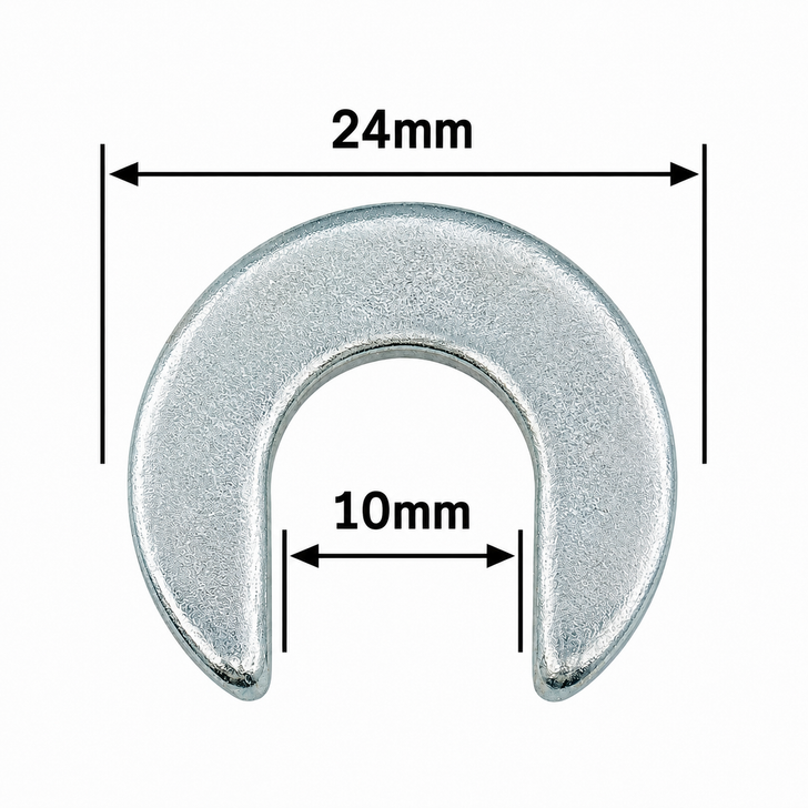 Silver metal C-shaped washer clip on a white background with black measurement arrows showing 24mm overall width and 10mm inner opening width.