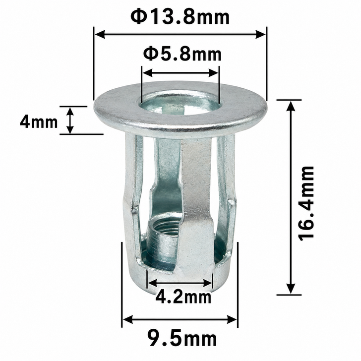 Silver metal automotive screw insert clip on a white background with black measurement arrows showing a 13.8mm top flange diameter, 5.8mm centre hole diameter, 4mm flange thickness, 16.4mm overall length, 9.5mm lower body width, and 4.2mm inner lower opening width.