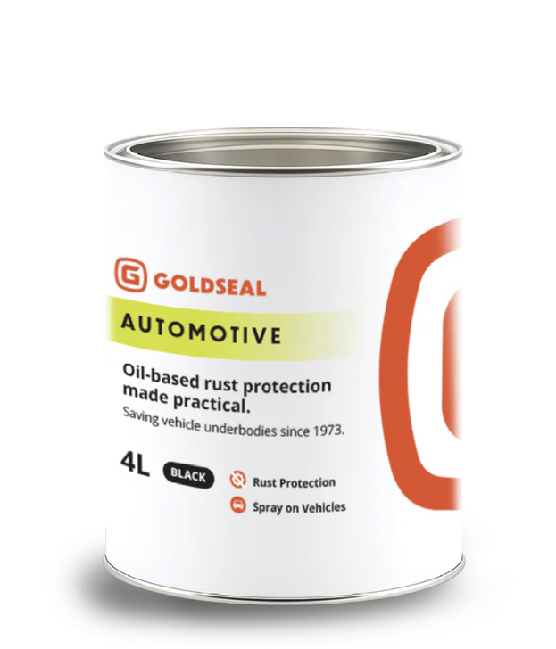 Clipstok Goldseal Automotive 4L black oil-based rust protection coating tin on a white background, labelled Goldseal Automotive with “Oil-based rust protection made practical,” “Rust Protection,” and “Spray on Vehicles” for vehicle underbody corrosion protection.