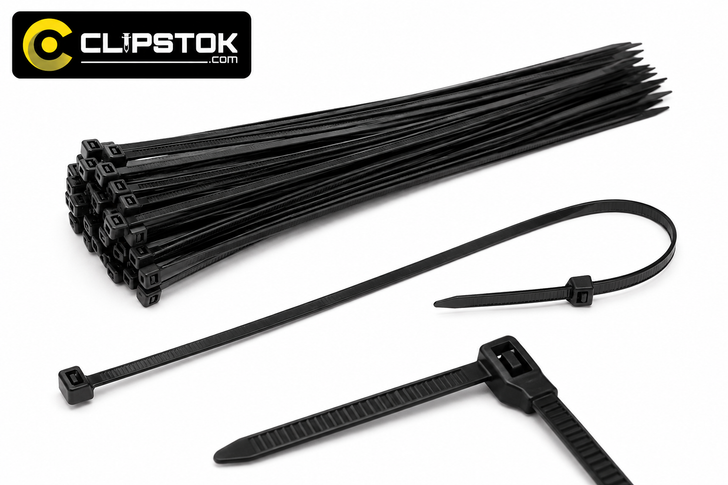 Clipstok black cable ties displayed on a clean white studio background. The image features a large bundle of loose black nylon cable ties, one straight individual tie, one fastened loop, and close-up views of the locking heads and ribbed straps. A Clipstok branded logo panel appears in the top-left corner.