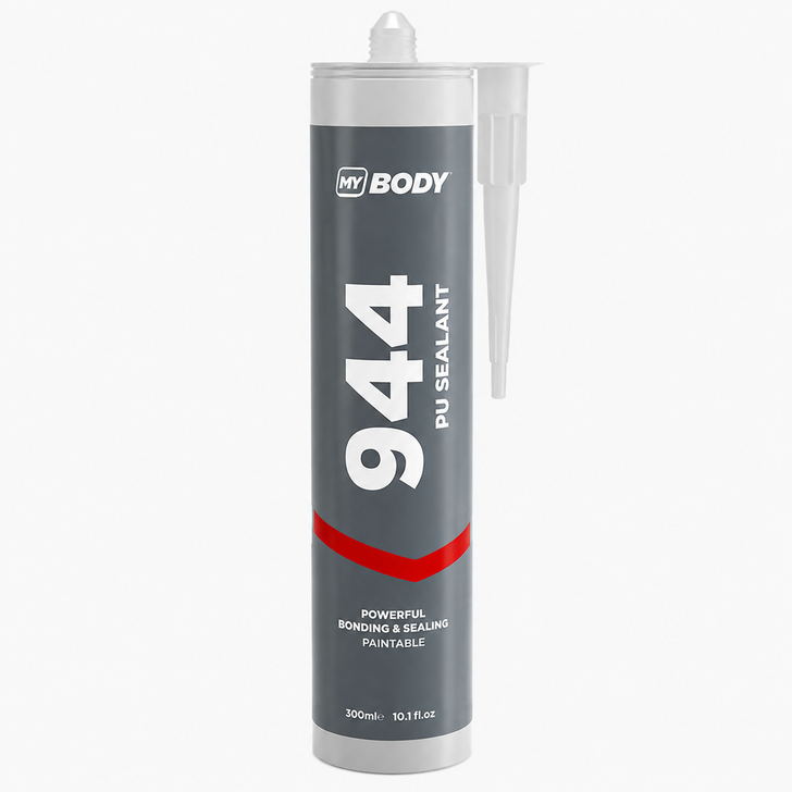 HB BODY PU 944 automotive seam sealer cartridge on a white background, professional hybrid polyurethane sealant for auto body and collision repair applications.