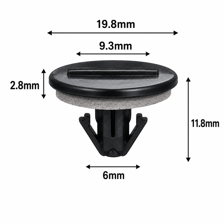 Black automotive trim clip with a round slotted head and grey sealing washer, shown upright on a white background with black measurement arrows. The image labels the dimensions as 19.8mm head width, 11.8mm overall height, 9.8mm stem height, 9.3mm lower barb width, and 6mm shank width.