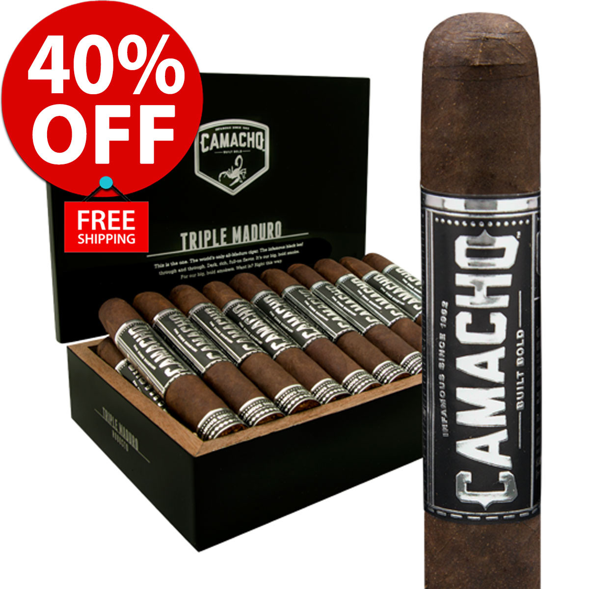 cheap tobacco free shipping Camacho Triple Maduro Robusto (5x50 / Box 20) + 40% OFF! + FREE SHIPPING ON  YOUR ENTIRE ORDER!