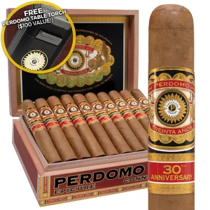 Perdomo 30th Anniversary Box-Pressed Connecticut Gordo (6x60 / Box 30) + FREE $100 Perdomo Table Lighter!