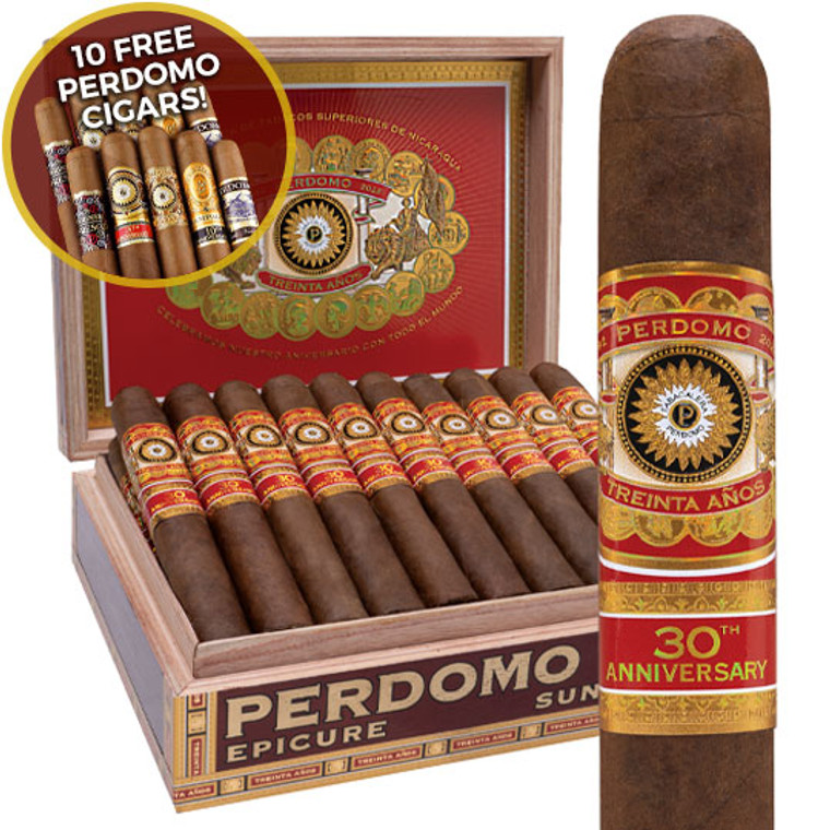 Perdomo 30th Anniversary Box-Pressed Sun Grown Robusto (5x54 / Box 30) + 10 Free Perdomo Cigars ($85 Value!)