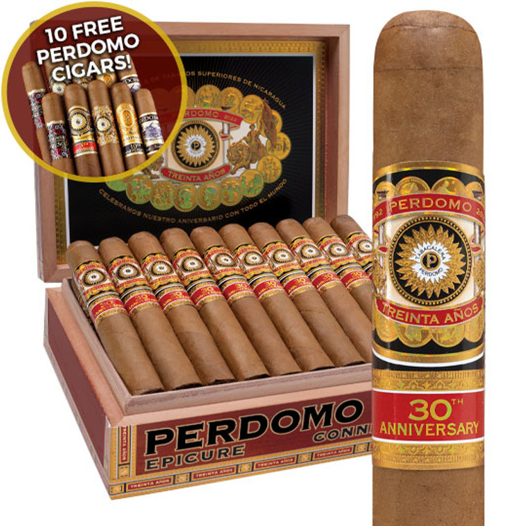 Perdomo 30th Anniversary Box-Pressed Connecticut Robusto (5x54 / Box 30) + 10 Free Perdomo Cigars ($85 Value!)