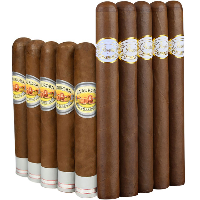 Slam Pack: La Aurora Preferidos 1903 Edition Platinum Cameroon Robusto vs Purofino White Label Sungrown Churchill (Assorted Sizes / 10 Pack)