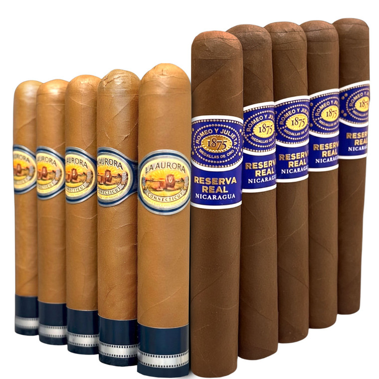 Slam Pack: La Aurora Preferidos 1903 Edition Sapphire Connecticut Robusto vs Romeo y Julieta 1875 Reserva Real Nicaragua Toro (Assorted Sizes / 10 Pack)