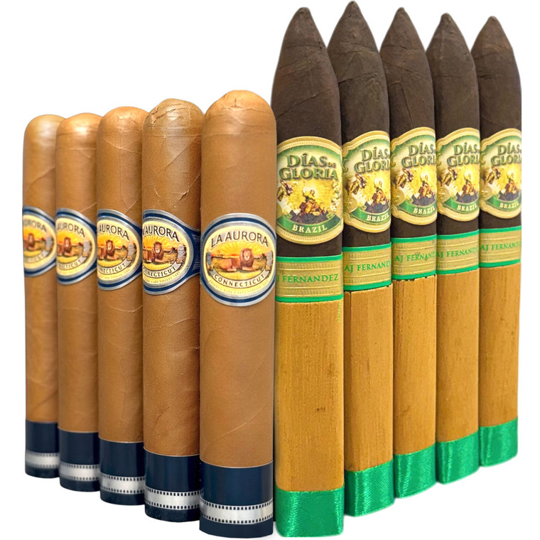 Slam Pack: La Aurora Preferidos 1903 Edition Sapphire Connecticut Robusto vs AJ Fernandez Dias de Gloria Brazil Figurado (Assorted Sizes / 10 Pack)