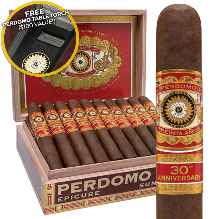 Perdomo 30th Anniversary Box-Pressed Sun Grown Torpedo (7x54 / Box 30) + FREE $100 Perdomo Table Lighter!