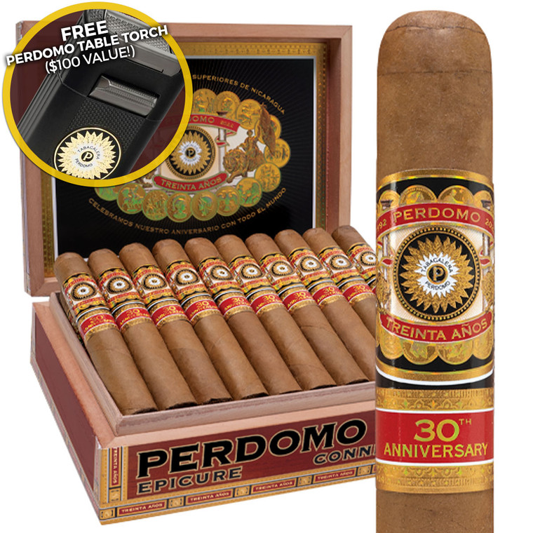 Perdomo 30th Anniversary Box-Pressed Connecticut Epicure (6x54 / Box 30) + FREE $100 Perdomo Table Lighter!