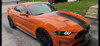 front angle of orange EURO XL RALLY | 2021-2018 Ford Mustang Center Matte Black Stripes Premium Products!