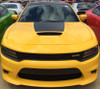 front of yellow 2023 Dodge Charger HEMI Hood Stripes CHARGER 15 HOOD 2015-2024