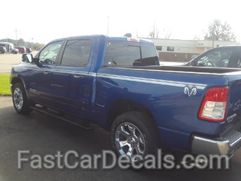 side of blue 2020 Dodge Ram 1500 Side Decals RAM EDGE SIDE KIT 2019-2024