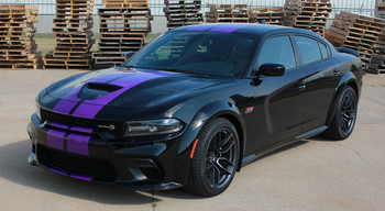 front angle of black Dodge Charger SRT 392 Hellcat Stripes N CHARGE RALLY 15 2015-2024