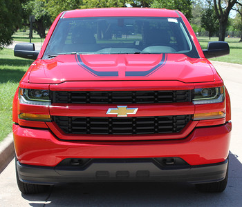 front hood of red Chevy Silverado Hood Decals FLOW HOOD Stripes 2016 2017 2018
