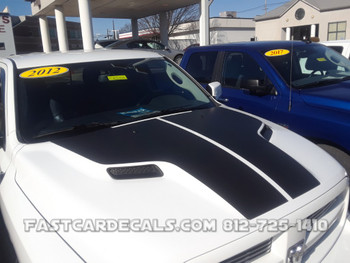 side of white 2018 Dodge Ram Hemi Hood Decals HEMI HOOD 2009-2016 2017 2018 (2019-2021 Classic)