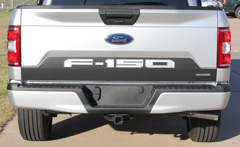 tailgate view of Ford F150 Tailgate Letters Reverse Blackout Stripes 2018-2019 tailgate view of Ford F150 Tailgate Letters Reverse Blackout Stripes 2018-2019