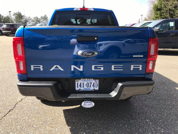 rear of blue 2020 Ford Ranger Tailgate Stripes RANGER TAILGATE LETTERS 2019-2022