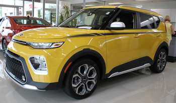 front angle of yellow Kia Soul Stripe Package OVERSOUL Side Graphics 2020-2026