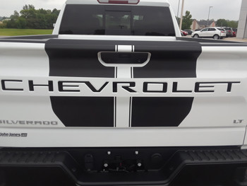 rear of white 2020 Chevy Silverado Racing Stripes BOW RALLY 2019-2024