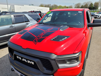 front angle of red 2019 Ram Rebel Hood Stripes REB HOOD 2019-2022 2023 2024