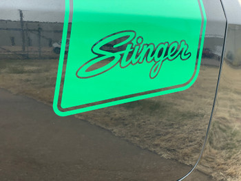 close up of text Stinger / Swinger Rear Stripes for Dodge Challenger 2015-2024