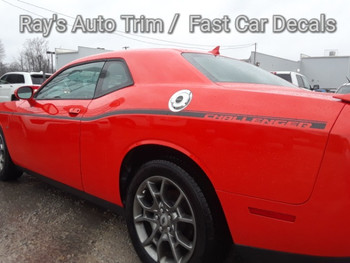 rear of orange 2019 Dodge Challenger SXT Side  Stripes SXT Decals 2011-2026