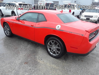 rear angle of orange 2019 Dodge Challenger SXT Stripes SXT SIDE KIT 2011-2021 rear angle of orange 2019 Dodge Challenger SXT Stripes SXT SIDE KIT 2011-2021