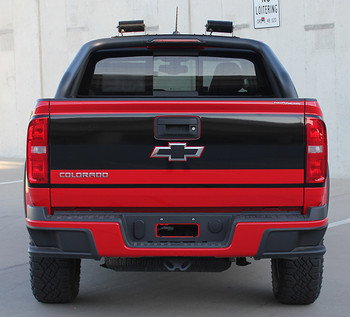 rear view of red 2019 Chevy Colorado Tailgate Stripes GRAND TAILGATE 2015-2020