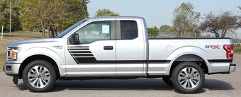 side of silver 2018 Ford F150 Side Stripes SPEEDWAY SIDE KIT 2015-2020