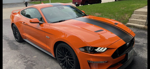 front angle of orange EURO XL RALLY | 2021-2018 Ford Mustang Center Matte Black Stripes Premium Products!