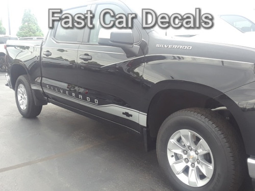 front of black 2019 Chevy Silverado Side Decals SILVERADO ROCKER 1 2019-2024