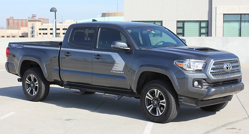 front angle of 2019 Toyota Tacoma Side Door Stripes STORM 2015-2020