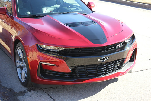 front angle of red 2019 SS Chevy Camaro Hood Stripe SHOCK HOOD 2019-2023