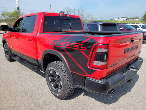 rear of red 2021 Dodge Ram 1500 Rebel Edition Stripes REB SIDE 2019-2024