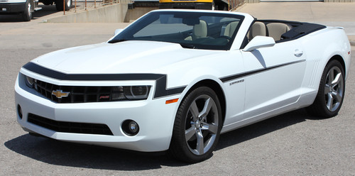 front angle white 2009-2013 Chevy Camaro Hood and Side Stripes VINTAGE KIT